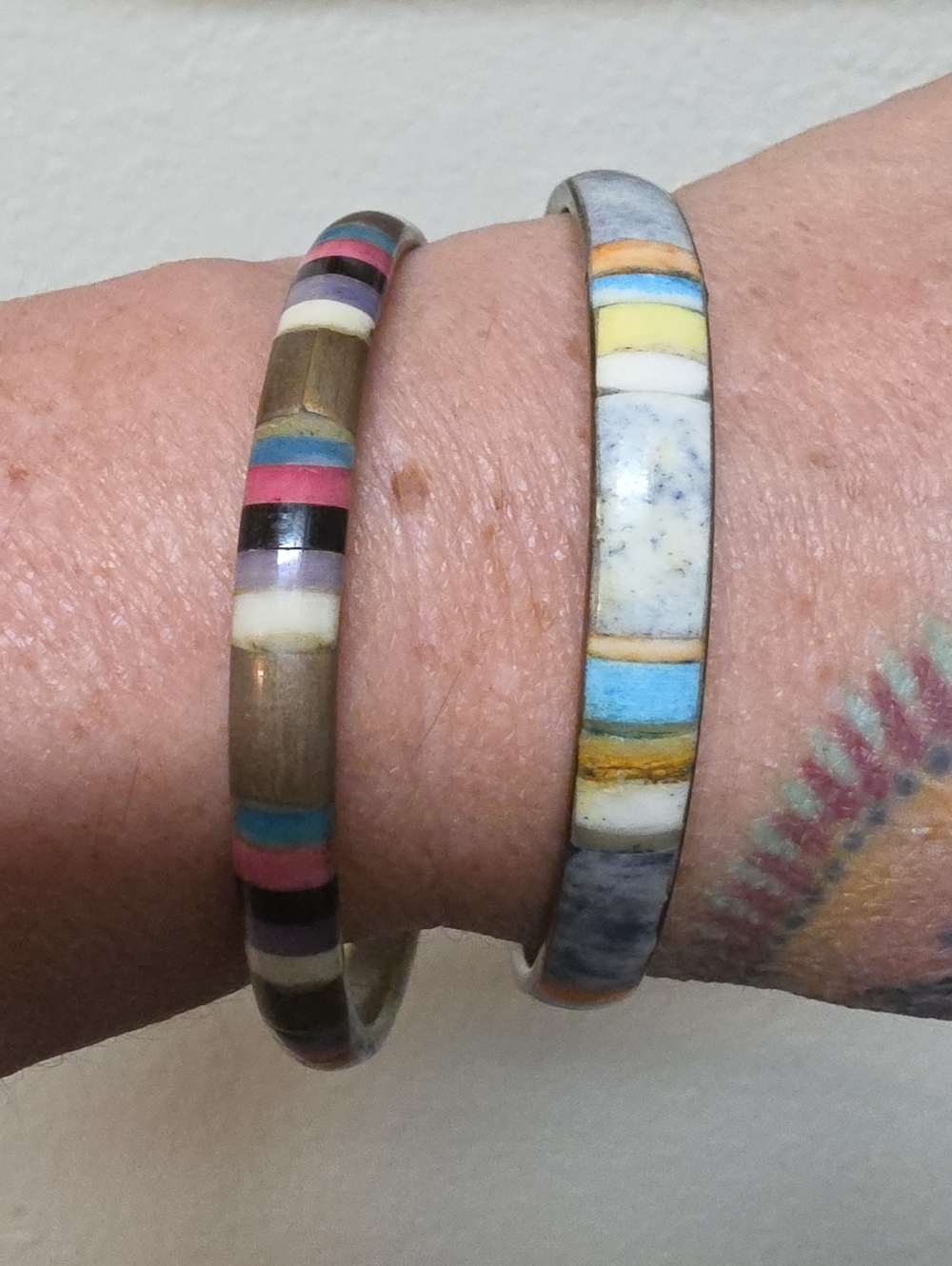 Vintage Brass and Bone Inlay Bangle Bracelets Set - Stacked Multicolor - Picture 5 of 5